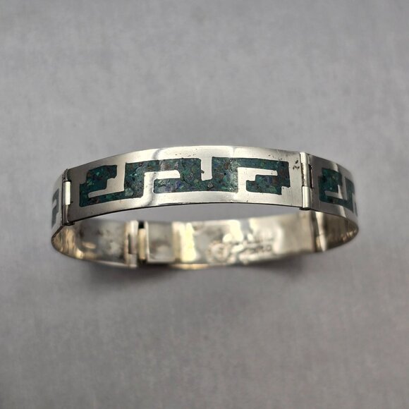 VTG Taxco Castaneda Sterling Silver 925 Turquoise Inlay Panel Bracelet 7" - Picture 6 of 9